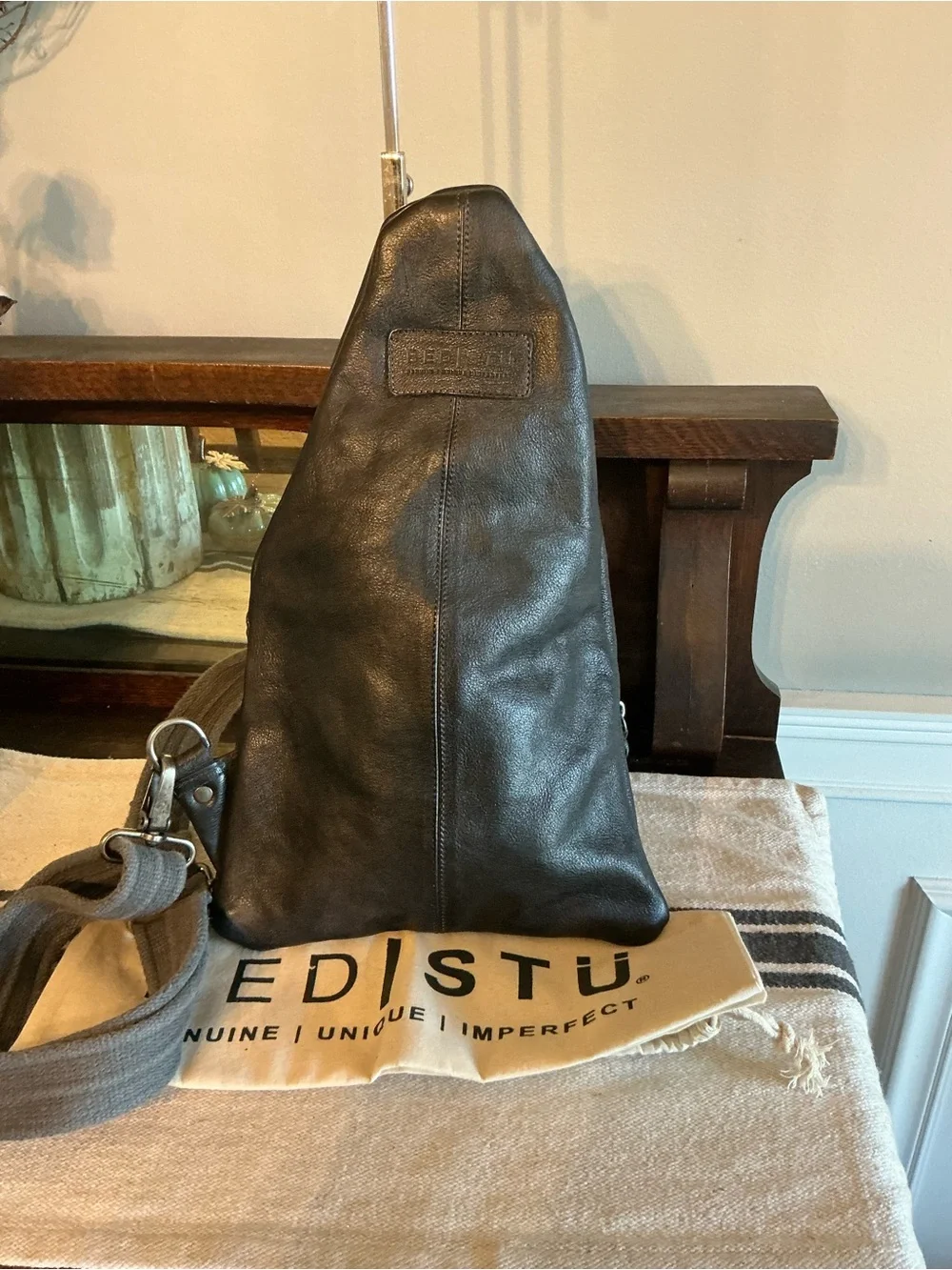 NWT Bed Stu Leather Unisex Andie Sling Backpack Black DD Dip Dyed MSRP $240